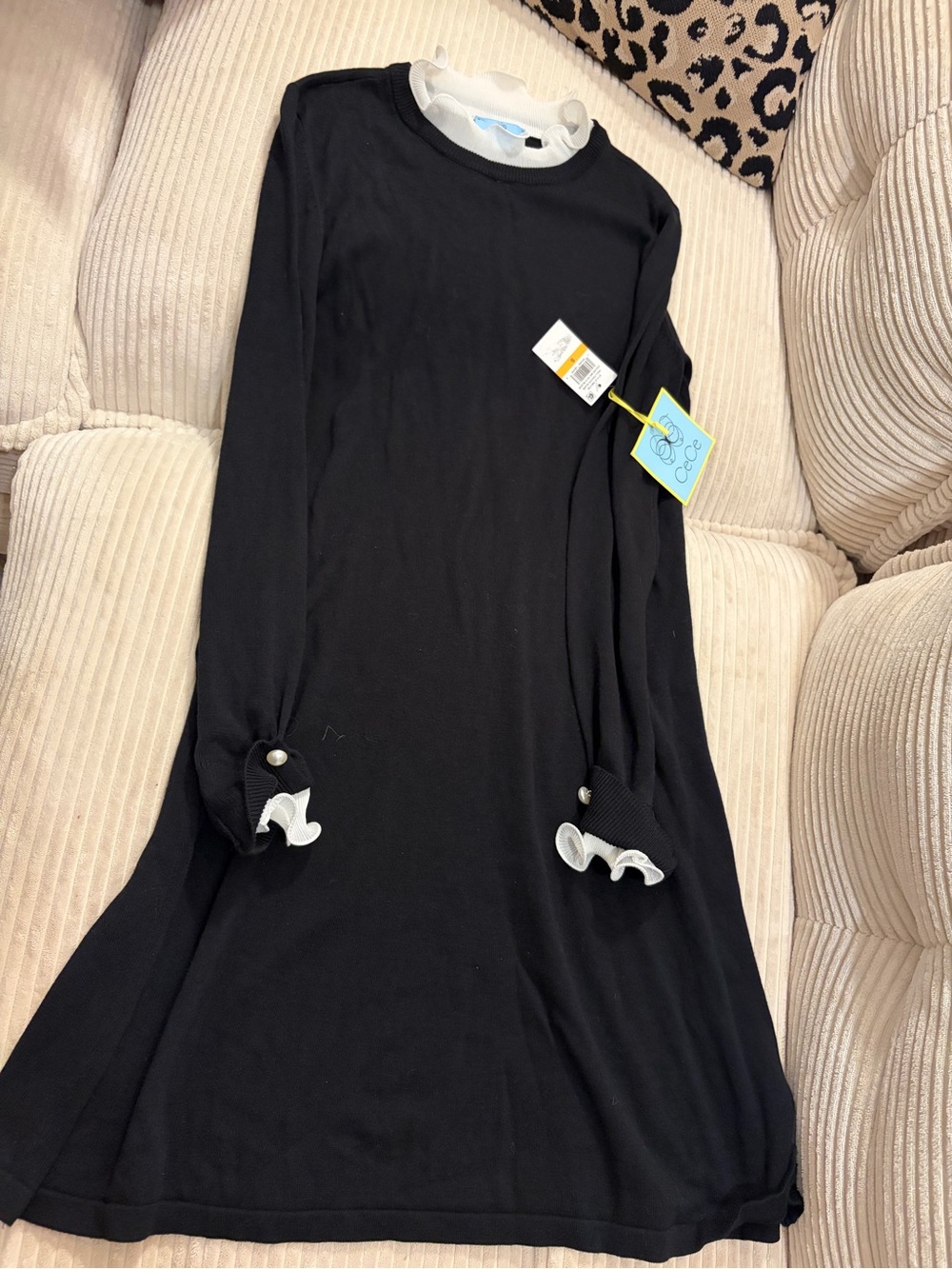 CeCe Black Long-Sleeve Dress with White Ruffle Trim small could fit a medium
